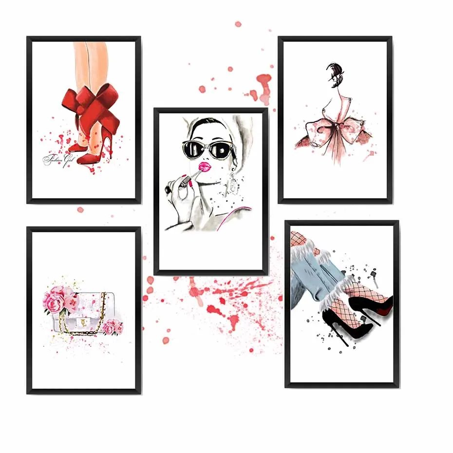 

Акварельные модные туфли на высоком каблуке для девочек, холщовая картина, настенный художественный плакат и печать, Настенная картина для украшения гостиной