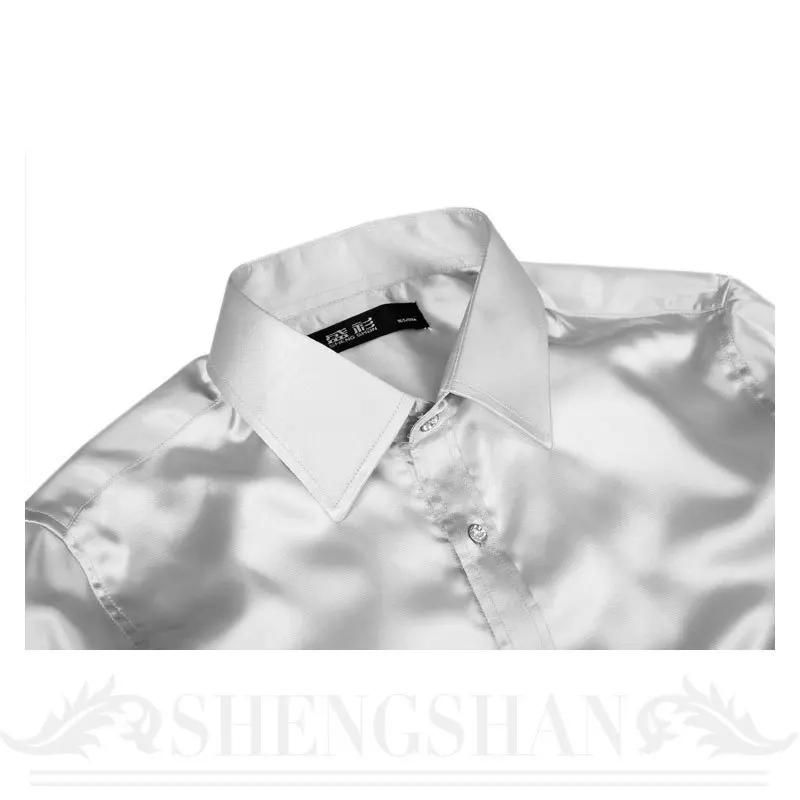 Мужские серебряные формальные повседневные рубашки Slim Fit жениха/жениха атласная