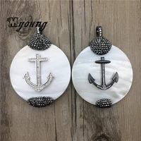round mother pearl shell pendant with rhinestone paved wholesale anchor shape cz zirconia micro paved connector charms my1727