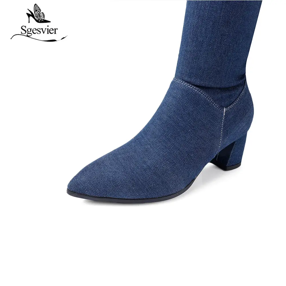 Sgesvier/женские синие джинсовые ботинки выше колена Ботфорты до бедра 2018 Женская