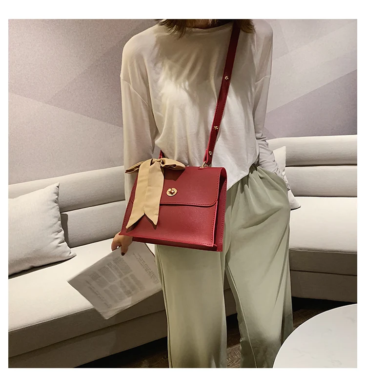 Elegant Female Ribbon Bow Flap Square bag New Quality PU Leather Women's Designer Handbag Travel Shoulder Messenger Bag