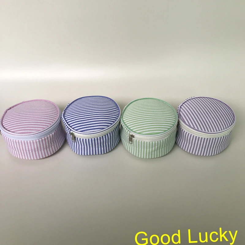10pcs/lot good quality new arrival 4 colors seersucker round cosmetic bag accessories purse monogram makeup bags | Дом и сад