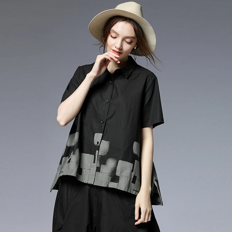 Large size women's 2019 summer new loose print casual shirt show slim versatile blouse turn down collar short sleeve | Женская