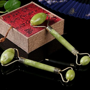 Натуральный камень ролик для массажа лица двойной головкой лица массажный ролик из ЭВА нефрит уход за кожей лица для похудения тела головы и шеи