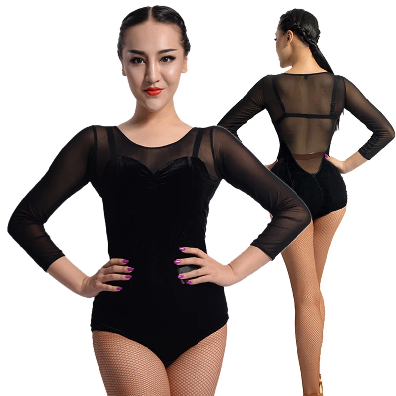 

New Dance Clothes Women Black Conjoined Tops Long Sleeve Standard Ballroom Flamengo Salsa Dress Black Latin Dance Costume VDB394