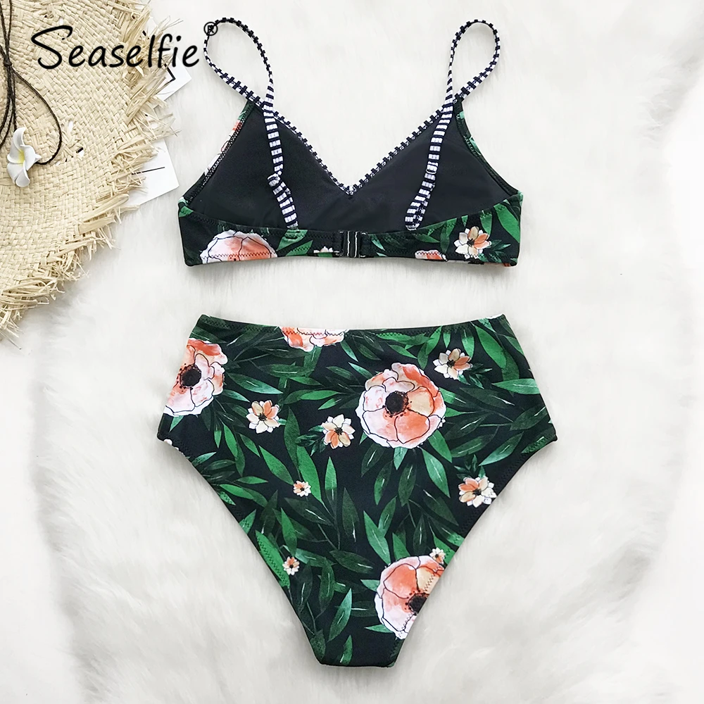 Secelfie/зеленые женские комплекты бикини с цветочным принтом и высокой талией Boho