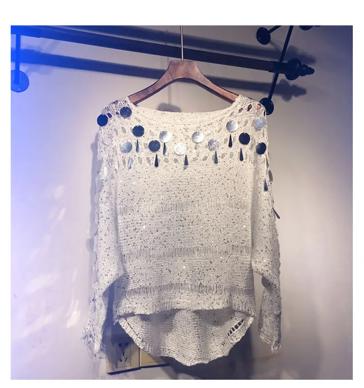 Cakucool Women Spring Knit Pullover Shirt Hollow Out O-neck Long Batwing Sleeve Sweaters Sequins Bling Loose Thin Top Feminino | Женская