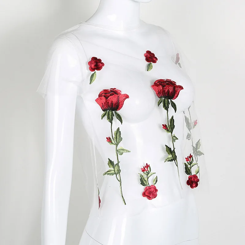 2017 Summer Women O-neck Ladies Mesh Fabric Embroidery Floral Slim Sexy Crop Top Short Tops | Женская одежда