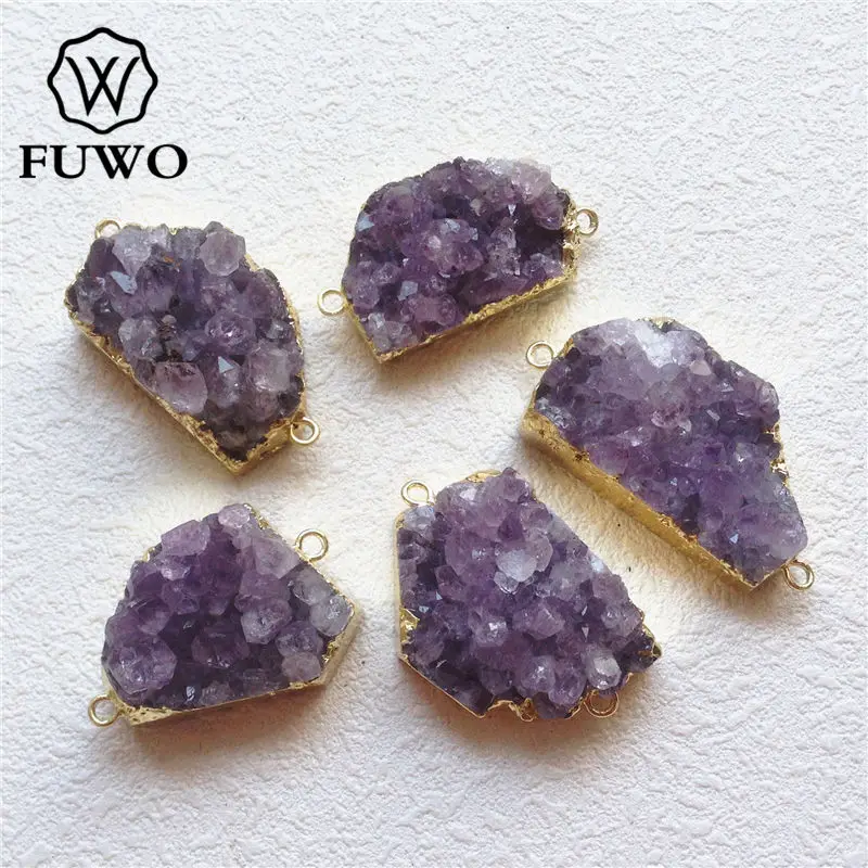 

FUWO Natural Irregular Amethysts Cluster Connector With 24K Gold Filled Edge Fashion Double Bails Druzy Pendant Wholesale PD191