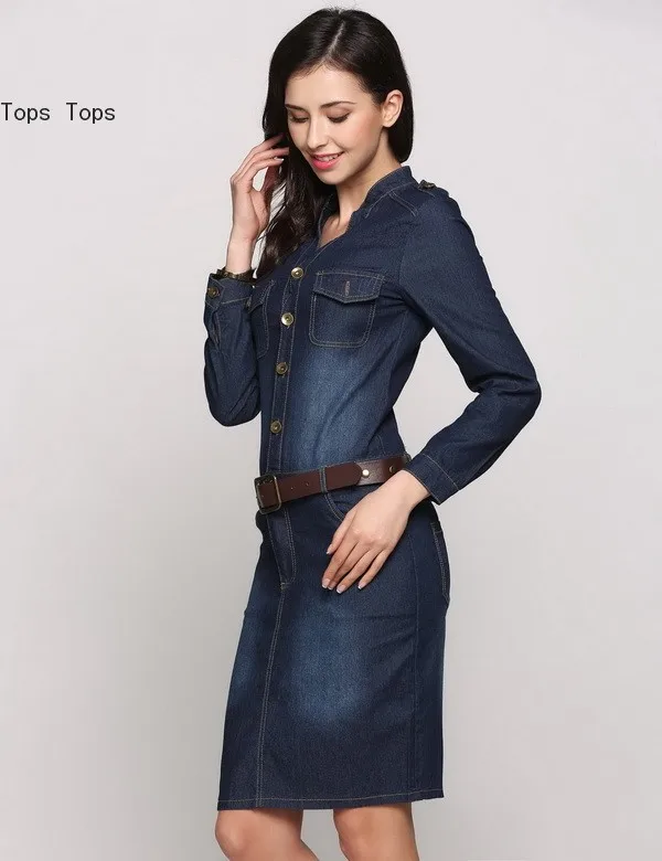 FANALA Women Summer Dress 2017 Fashion Bodycon Denim Dresses Long Sleeve V Neck Front Button Belted Office Pencil Vestidos |