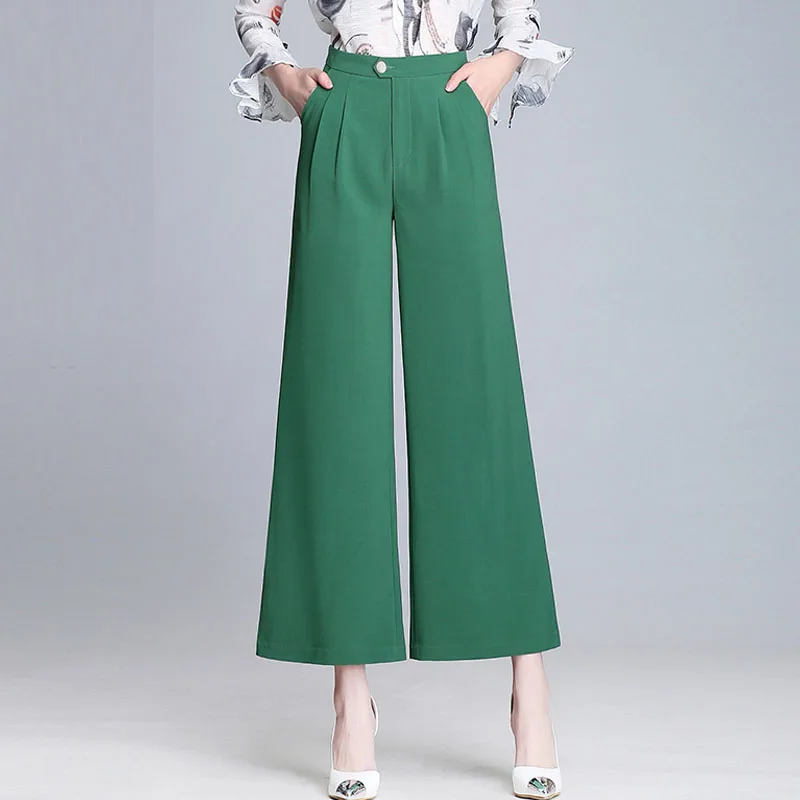 Summer Spring Elegant Women Green Red Black Ankle Length Loose Chiffon Pants , Female Womens High Waisted Wide Leg Trousers