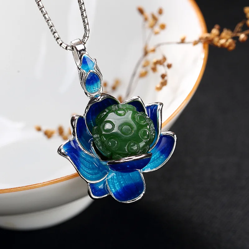 2019 New Silver S925 pure silver antique mosaic and jade cloisonne enamel lotus pendant wholesale | Украшения и аксессуары