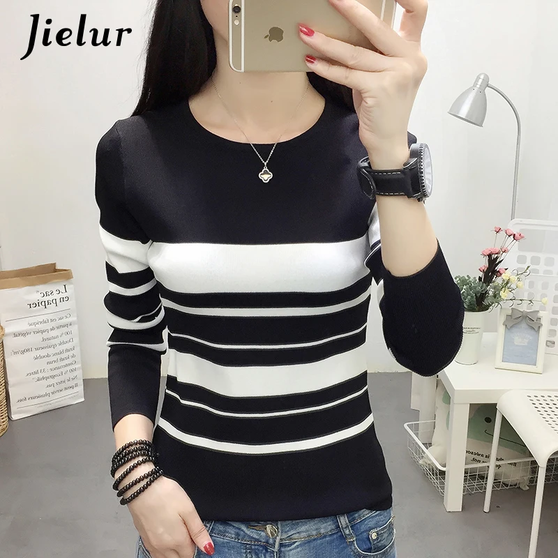 Jielur Korean Sweater Women Long Sleeve Slim White and Black Stripe Pullover Casual Spring Fashion Simple Basic Knitted Sweaters | Женская