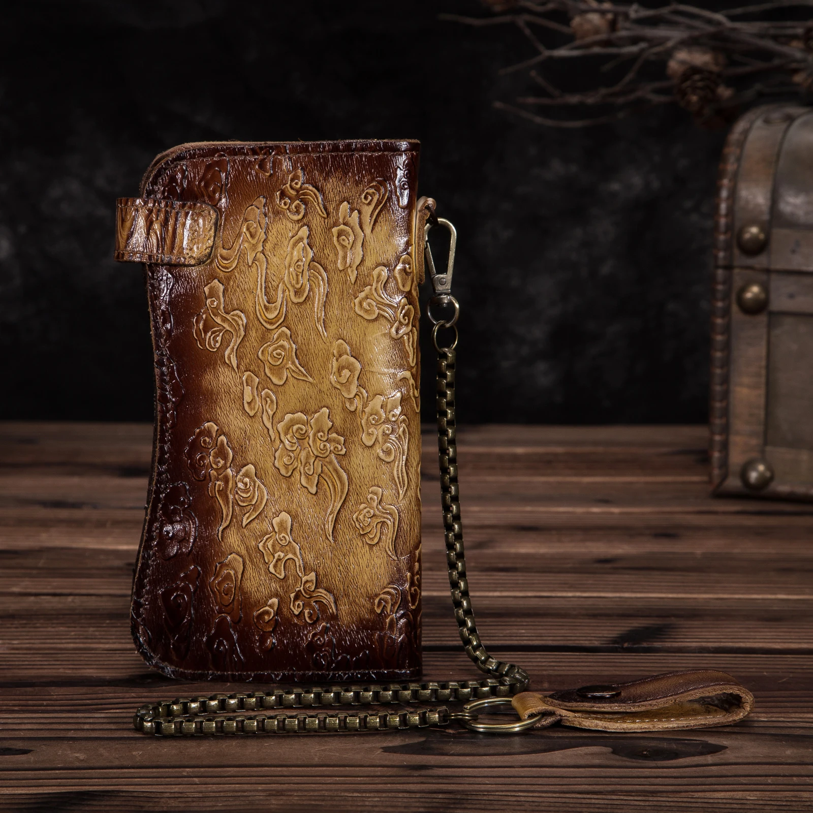 Модный мужской кошелек из натуральной кожи Dargon Tiger Emboss Checkbook с железной цепочкой