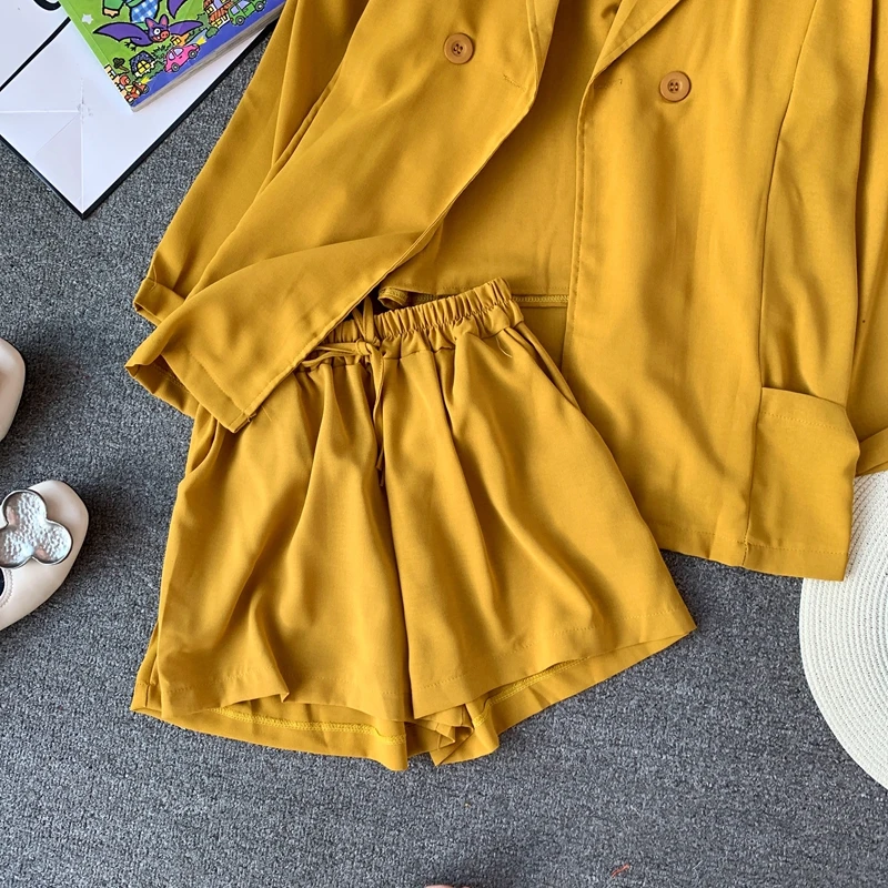 ALPHALMODA Лето Осень женский жакет с длинным рукавом+ топ на бретельках+ шорты повседневный комплект из 3 предметов женский однотонный наряд
