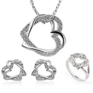 Fashion vintage spirally-wound hot-selling full rhinestone double heart necklace ring earrings jewelry set | Украшения и