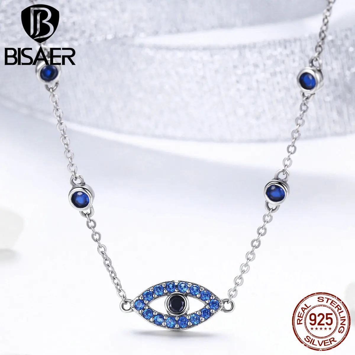 

BISAER Authentic 925 Sterling Silver Lucky Blue Eyes Women Necklaces Pendant Female Collar Sterling Silver Jewelry gift ECN300