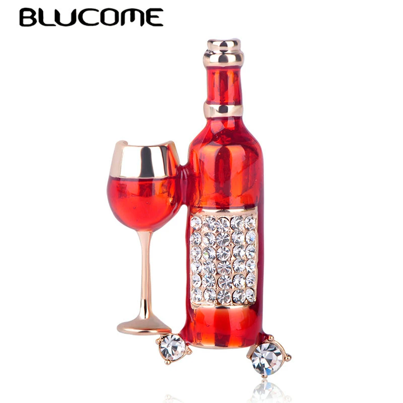 Женская/Мужская брошь в форме бутылки вина Blucome эмалированная с кристаллами