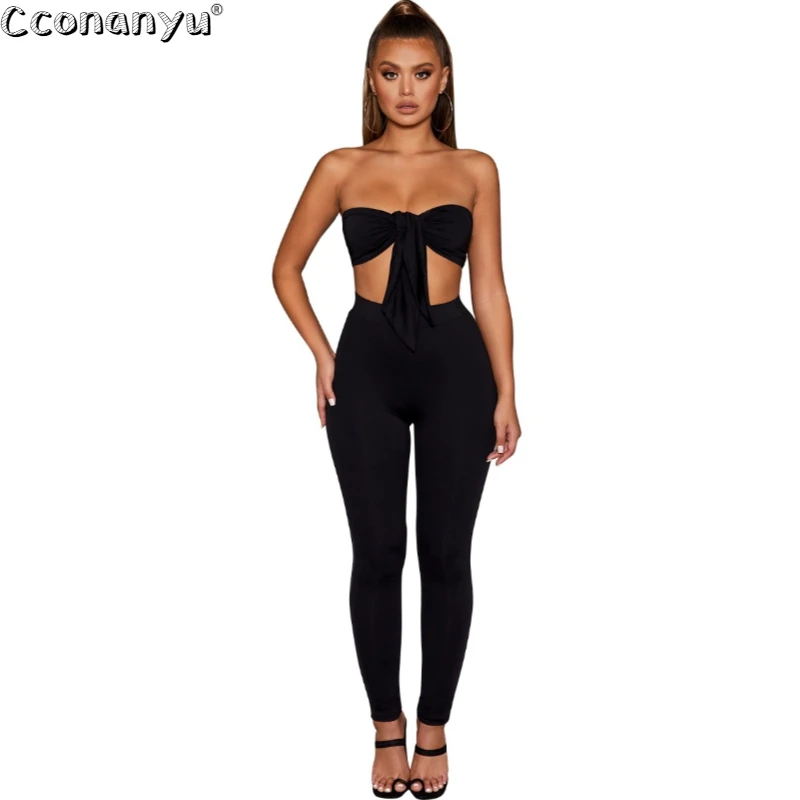 Женский комплект из 2 предметов брюки летний сексуальный однотонный топ на