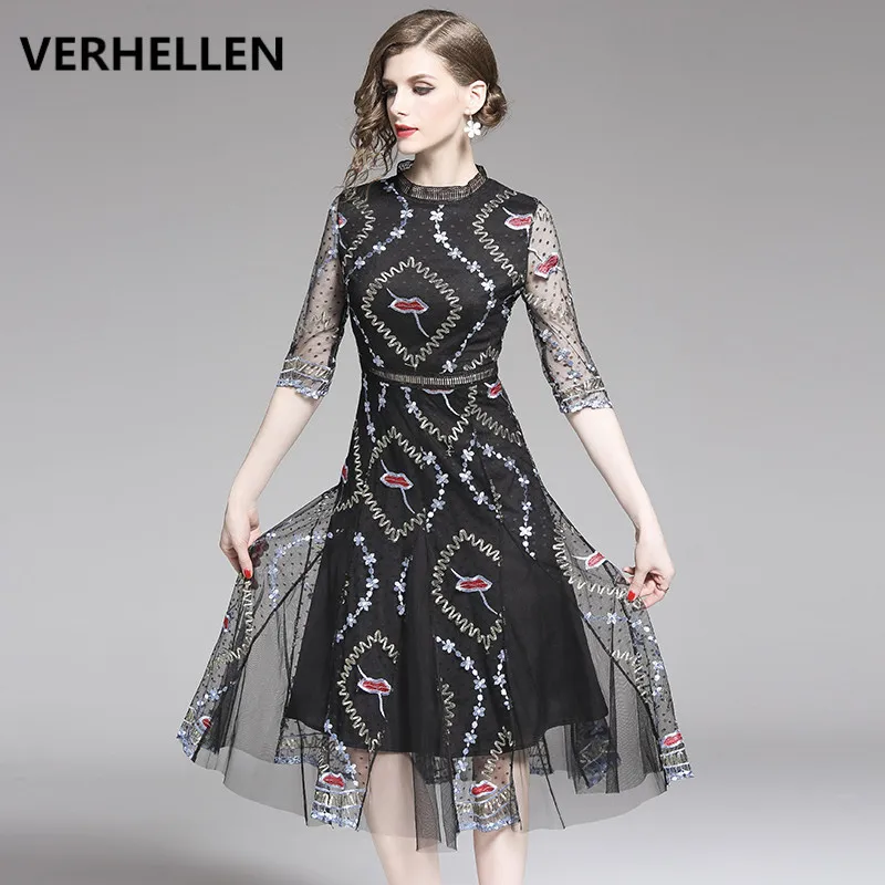 Женское Сетчатое платье VERHELLEN Осеннее ажурное с рукавом 3/4 и о вырезом 2019|Женские