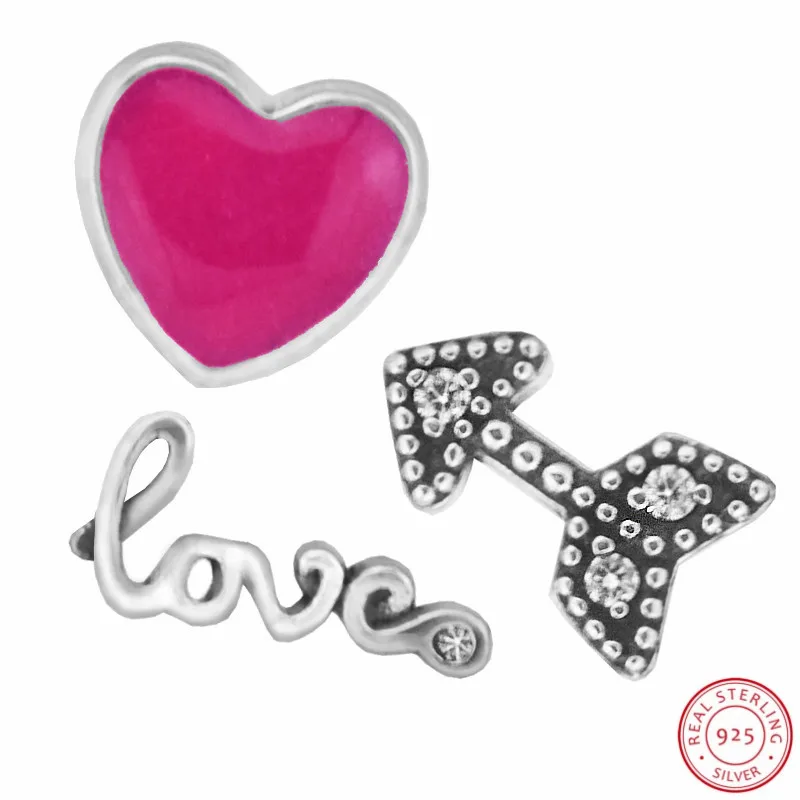 Magenta Heart & Sparkling Arrow Love Script плавающие медальоны Petite DIY Fit PANDORA Charms Silver 925 Оригинал 3 шт.