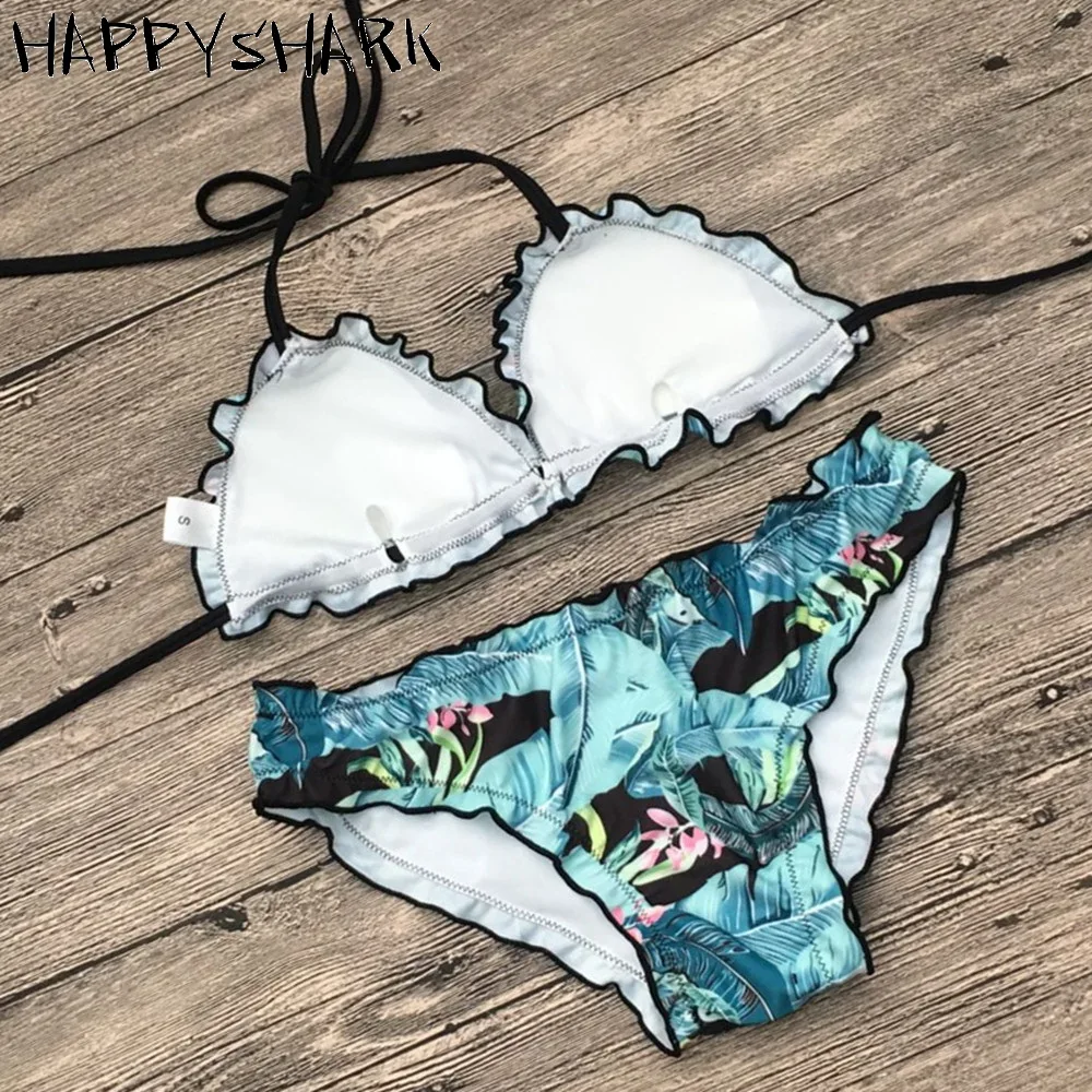 HAPPYSHARK 2018 Sexy Fold Edge Brazilian Bikinis Set Women Floral Printed Halter Trikini Biquinis Female Low Rise Swimwear |