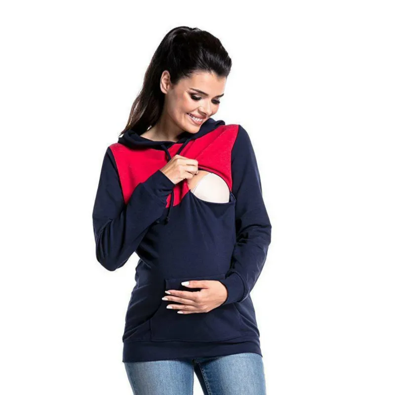 Tshirt Women Contrast Color Maternity Clothes Long Sleeve Breastfeeding Sweater Hooded Pocket Dress Nursing | Мать и ребенок