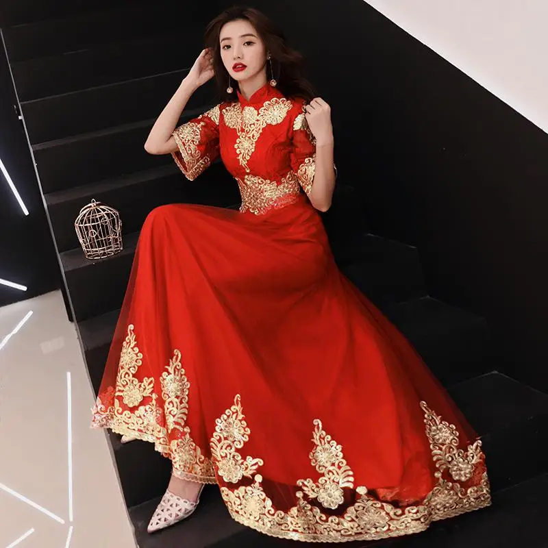 Китайский винтажный Красный в пол Cheongsam женский традиционный вышивка цветок Qipao невесты свадебное вечернее платье - Цвет: Style 2