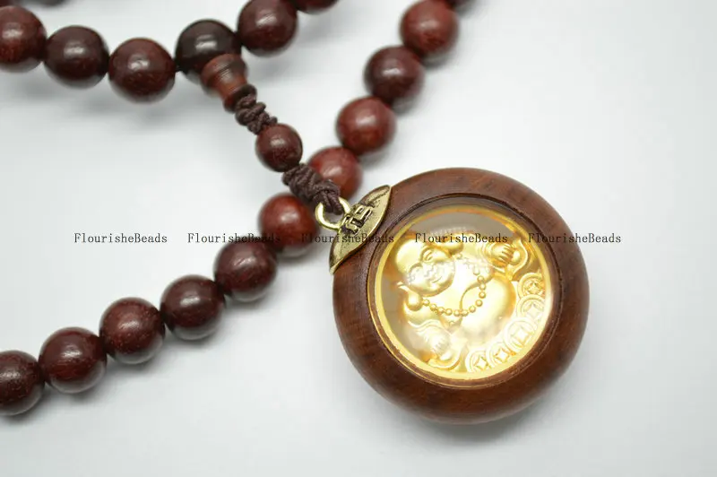 

Natural Blood Sandalwood 8mm Round Beads Gold Laughing Buddha Pendant Mala Necklace 5pc per lot