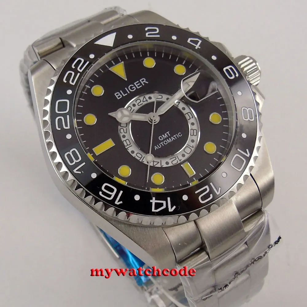 43mm bliger black dial ceramic bezel GMT sapphire glass automatic mens watch 208 | Наручные часы