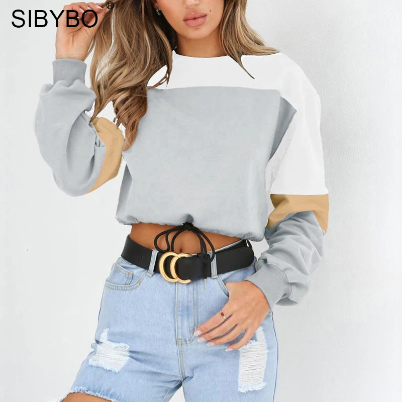 Sibybo, Цветные Лоскутные Хлопковые женские толстовки, свитшоты, Осенний пуловер с длинным рукавом на шнурке, укороченный топ, Повседневная Женская толстовка