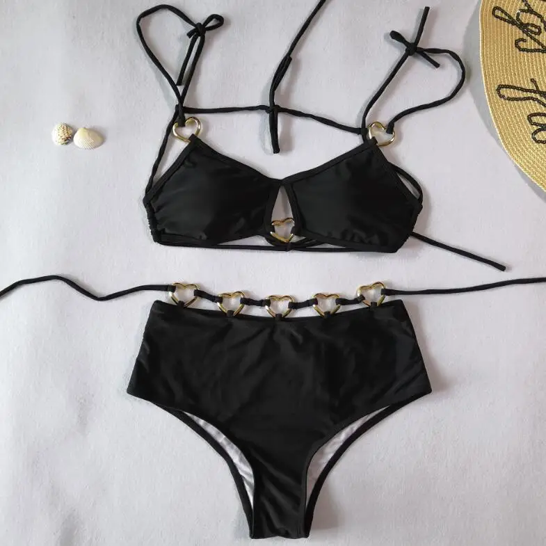 High Waist Swimsuit Lovely Heart Ring Bikini Set 2019 Sexy Black Swimwear Women Brazilian Cut Halter Biquini |