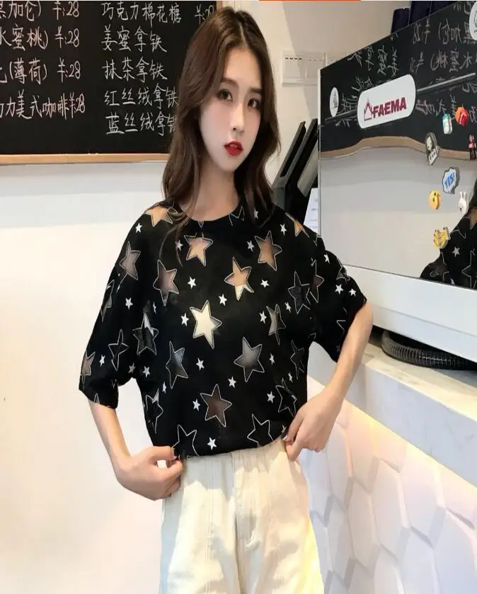 2018 new summer star hollow out loose mesh t-shirt | Женская одежда