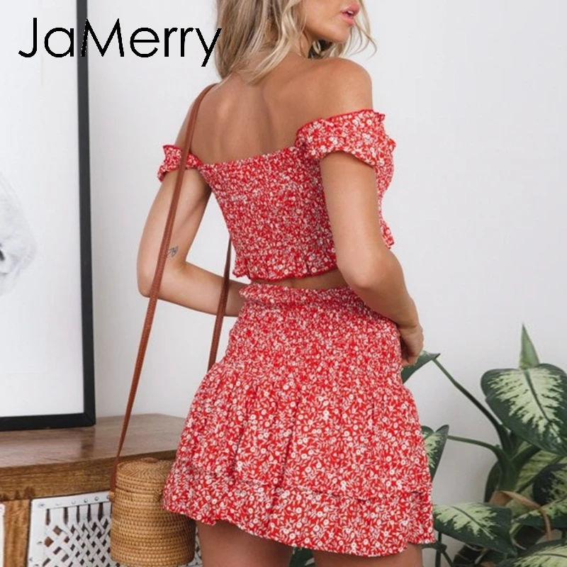 JaMerry Винтаж boho комплект из двух предметов цветочный принт женское платье женский