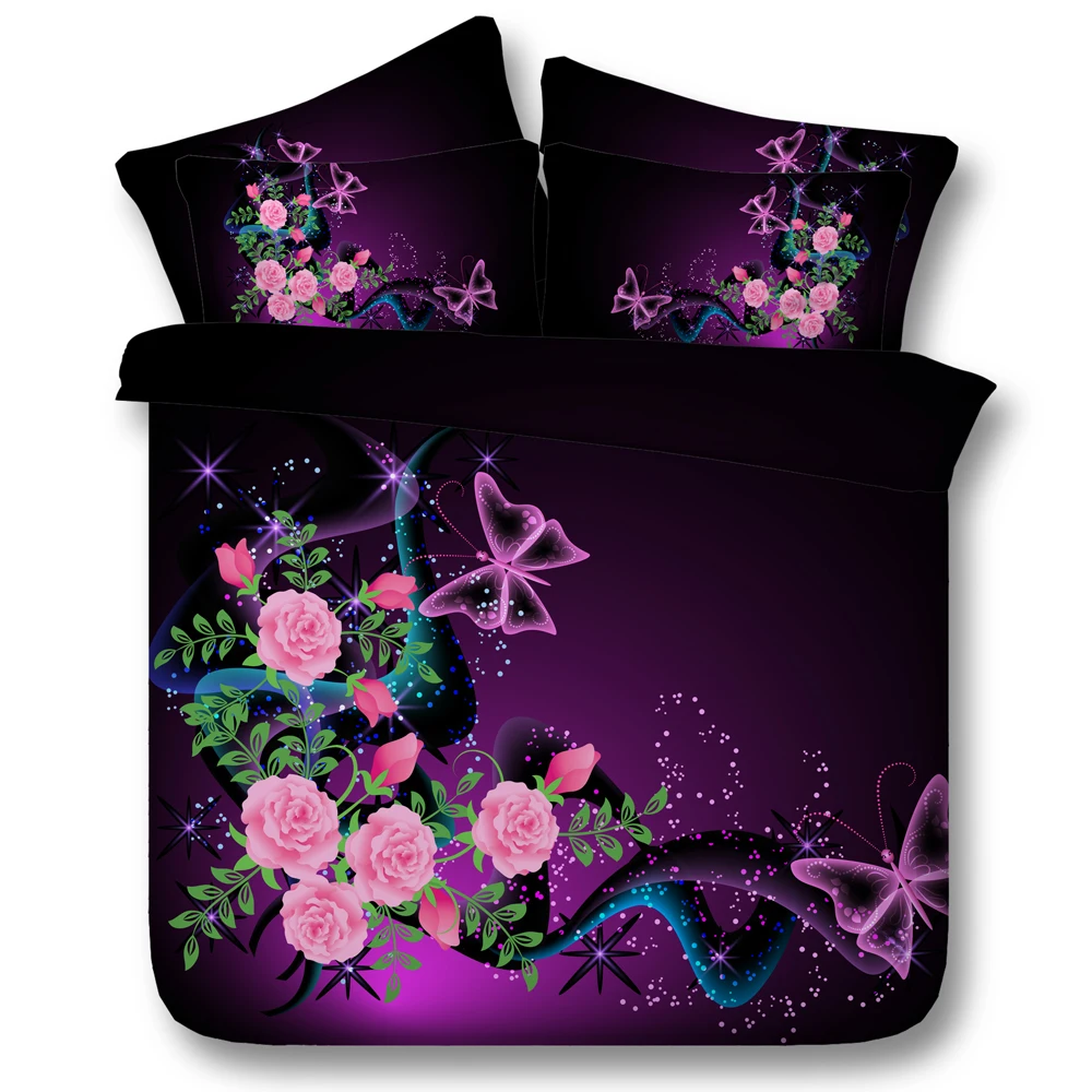 

3D Purple Floral Bedding set Rose Flower quilt duvet cover bedspreads linens bed sheet Cal King Queen size twin Butterfly 4PCS