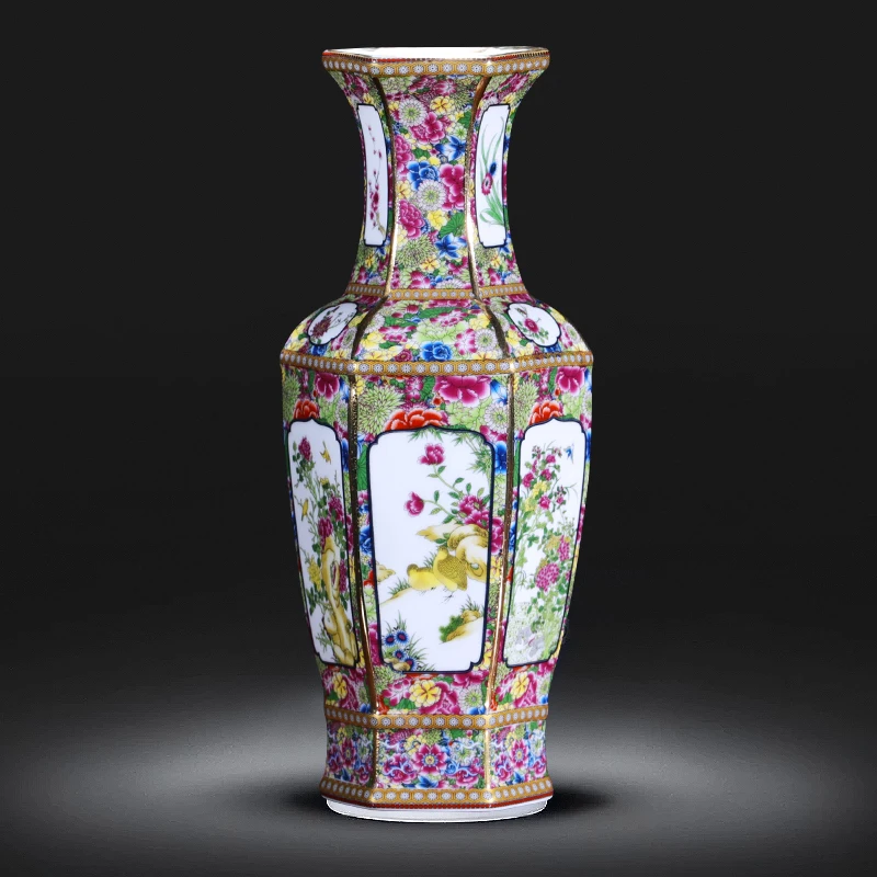 Антикварная керамическая ваза Qing Qianlong эмалированная позолоченная Шестигранная
