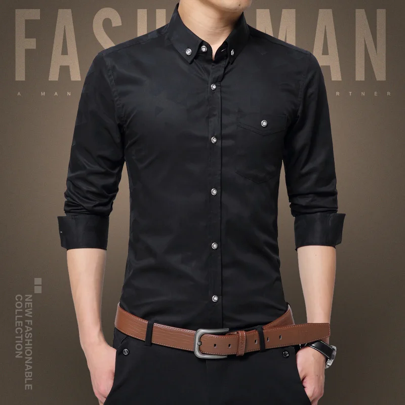 Мужская деловая рубашка повседневная приталенная с длинным рукавом весна 2019|social