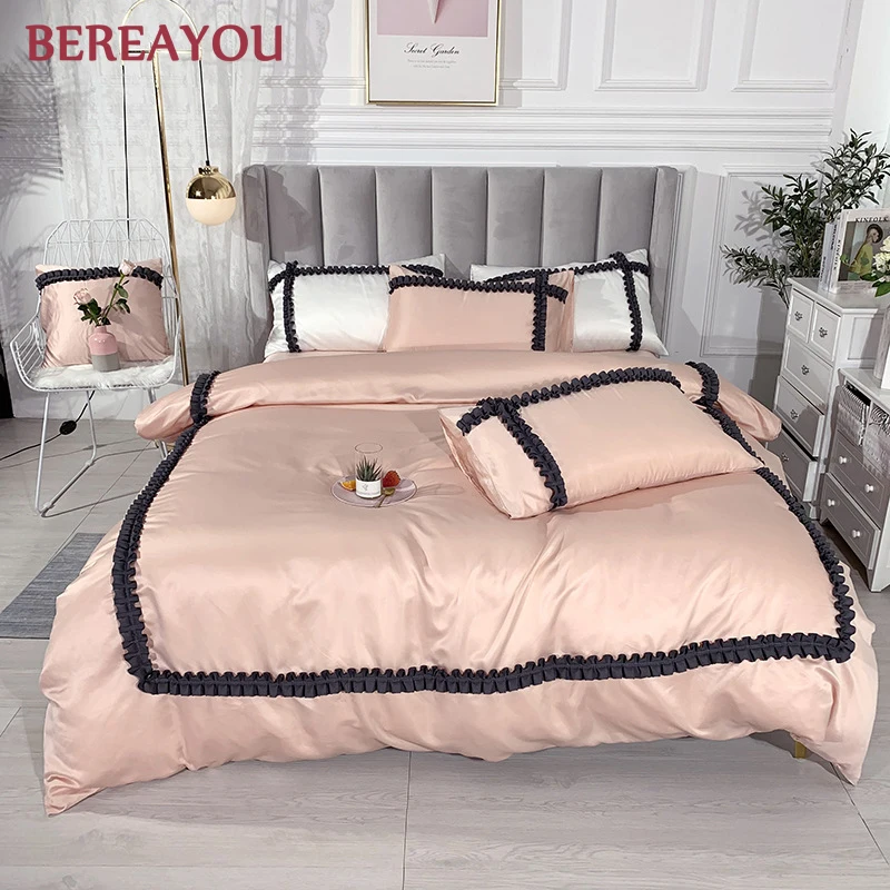Simple Tencel Bedding Set Princess Satin Girls Flat Bed Sheet Twin Queen King Size Duvet Cover Warm Soft 3/4pcs parure de lit | Дом и сад