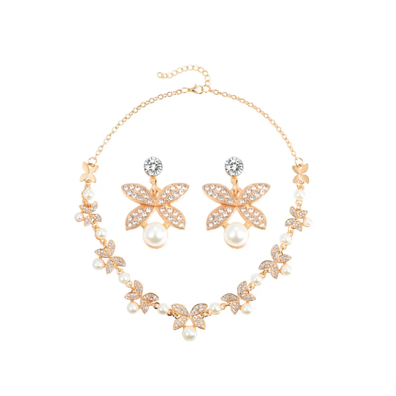 Gold Pearl Jewelry Модный Ювелирный Набор с искусственным жемчугом, свадебные ювелирные изделия, цветочный лист, позолота, серебро, колье, серьги, наборы - Окраска металла: Gold Pearl Jewelry