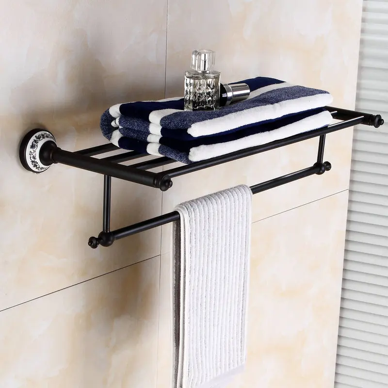 Towel Rack Медные Аксессуары для ванной комнаты, черный держатель для туалетной бумаги, керамическая основа, Квадратные двойные полки, ретро Роскошные Защитные рельсы - Цвет: Towel Rack