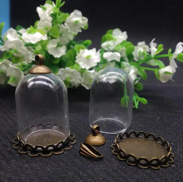 100sets/lot 25*18mm glass globe double base tray cap finding set glass tube wishing bottle vials pendant glass cover