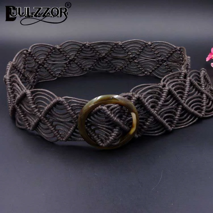 UULZZOR Воск Веревка вязаный пояс круглая деревянная Пряжка Boho женский ремень Простой Harajuku твердые трикотажные ремни для Женская тканая лента - Цвет: Coffee