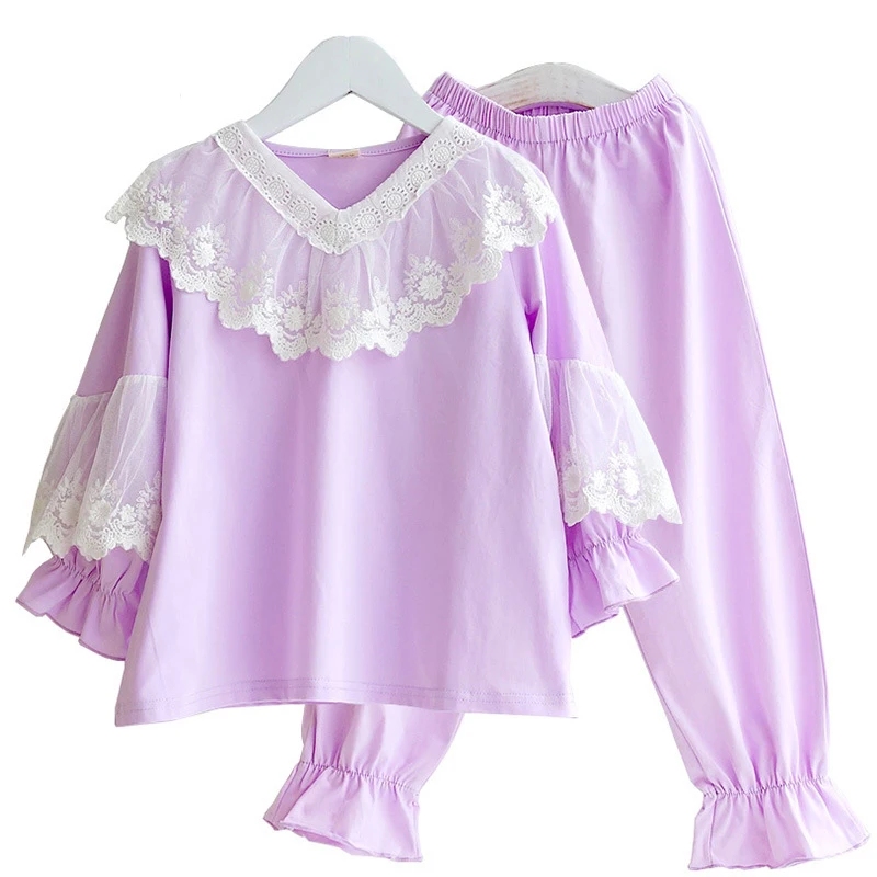 

Autumn Children Pajama Sets Summer Girls Princess Sleepwear Kids Cotton Lace Splice Home Clothes Baby Nightclothes High Quality