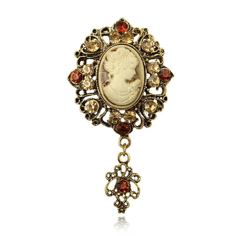 

Vintage Simple Elegant Topaz Crystal Flower Pendant Cameo Retro Brooch Pins Antique Gold Color
