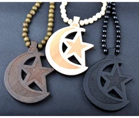 hip hop wood moon and star pendant necklace men rock style wooden beads long chain necklace male good wood jewelry party gif