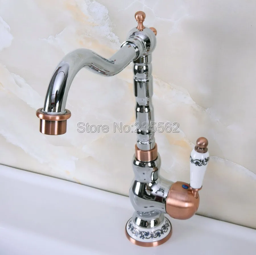 

Chrome & Red Copper Brass Kitchen Bathroom Basin Sink Faucet Vessel Tap Mixer Tap Swivel Spout Single Hole Deck Mounted Lnf908