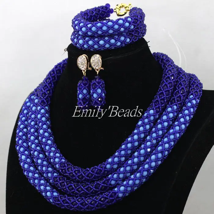 Нежный 3 слоя синий нигерийский Свадебный Африканский бисер комплект ювелирных