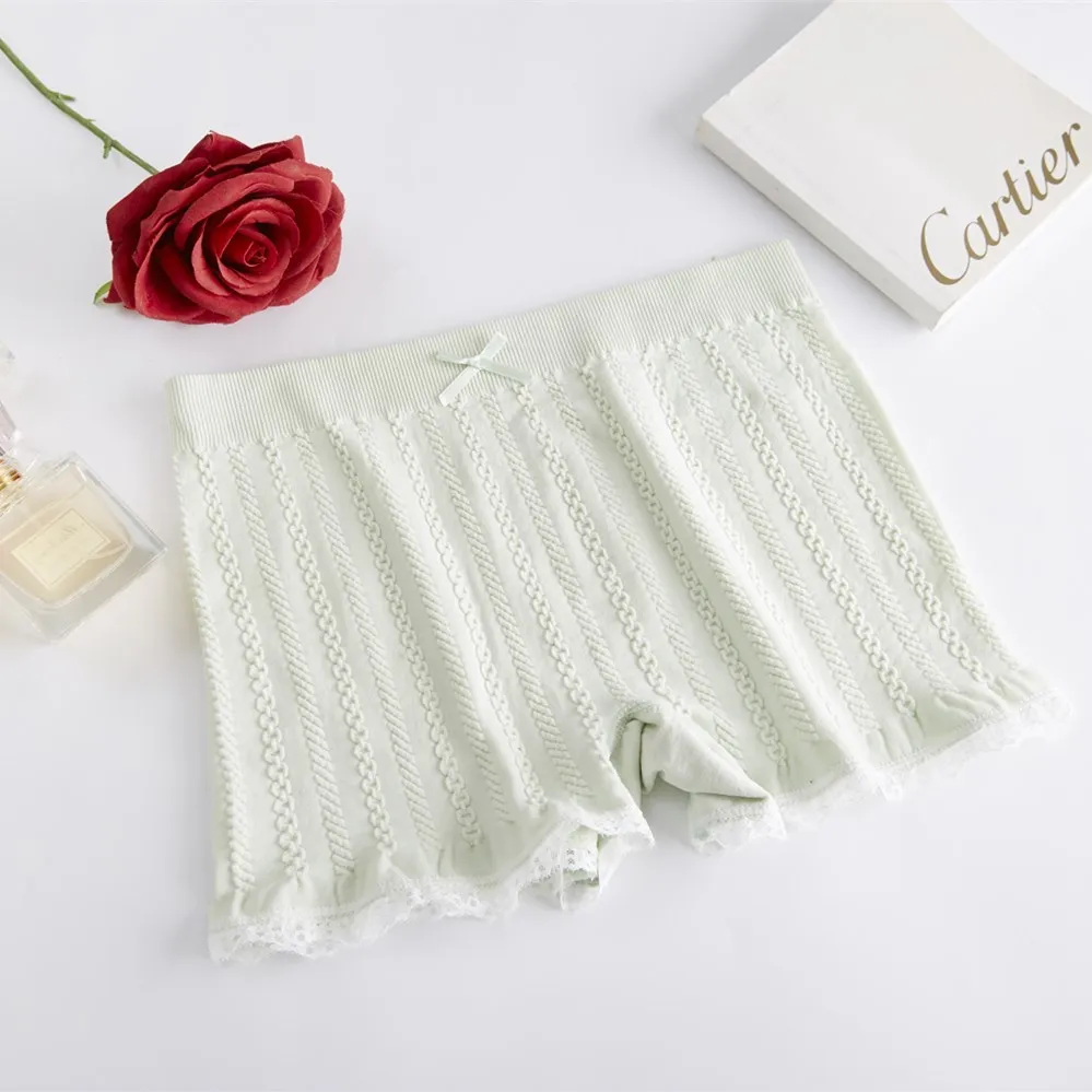 pale green PEONFLY Women Soft Shorts Sexy Seamless Abdomen Women Safety Short Lace Pants Female Anti Lighting Solid Color Soft Comfortable - Цвет: pale green