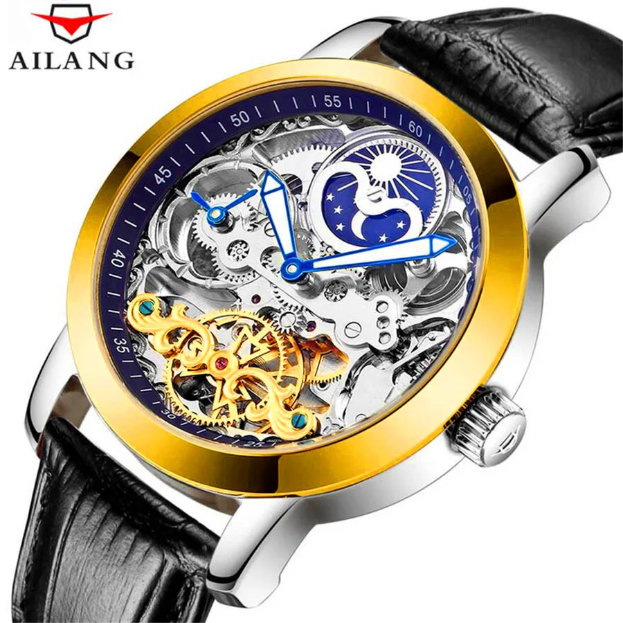 Скелет для мужчин механические часы Автоматические полые Tourbillon часы модные мужские водостойкие 50 м Спорт Луна часы с фазами Relogio - Цвет: Leather black gold