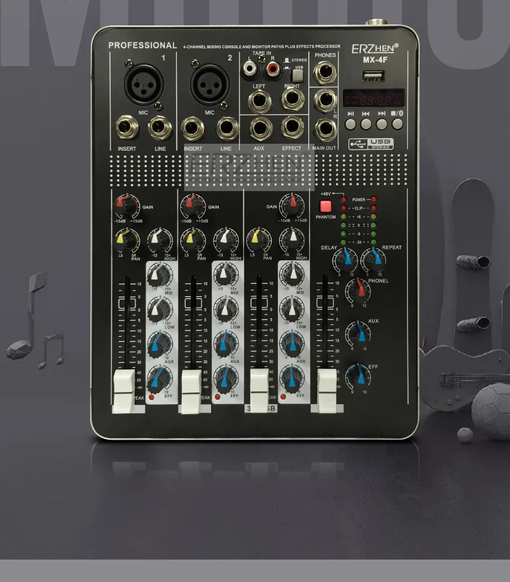 Пульт звукового микшера с USB 4 микшер каналов звуковая консоль DJ оборудование/48В Питание с Bluetooth смешивание звука